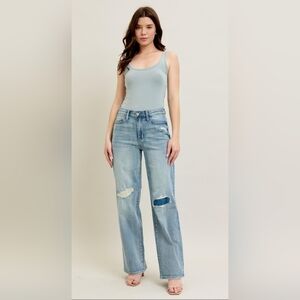 Judy Blue High Rise Patch Lined Distressed Straight Fit Jeans Medium Wash NEW